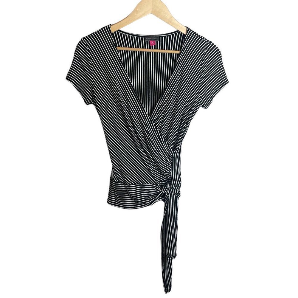 Vince Camuto Womens XS Top Black Striped Wrap Front V-Neck Shirt Blouse XSmall